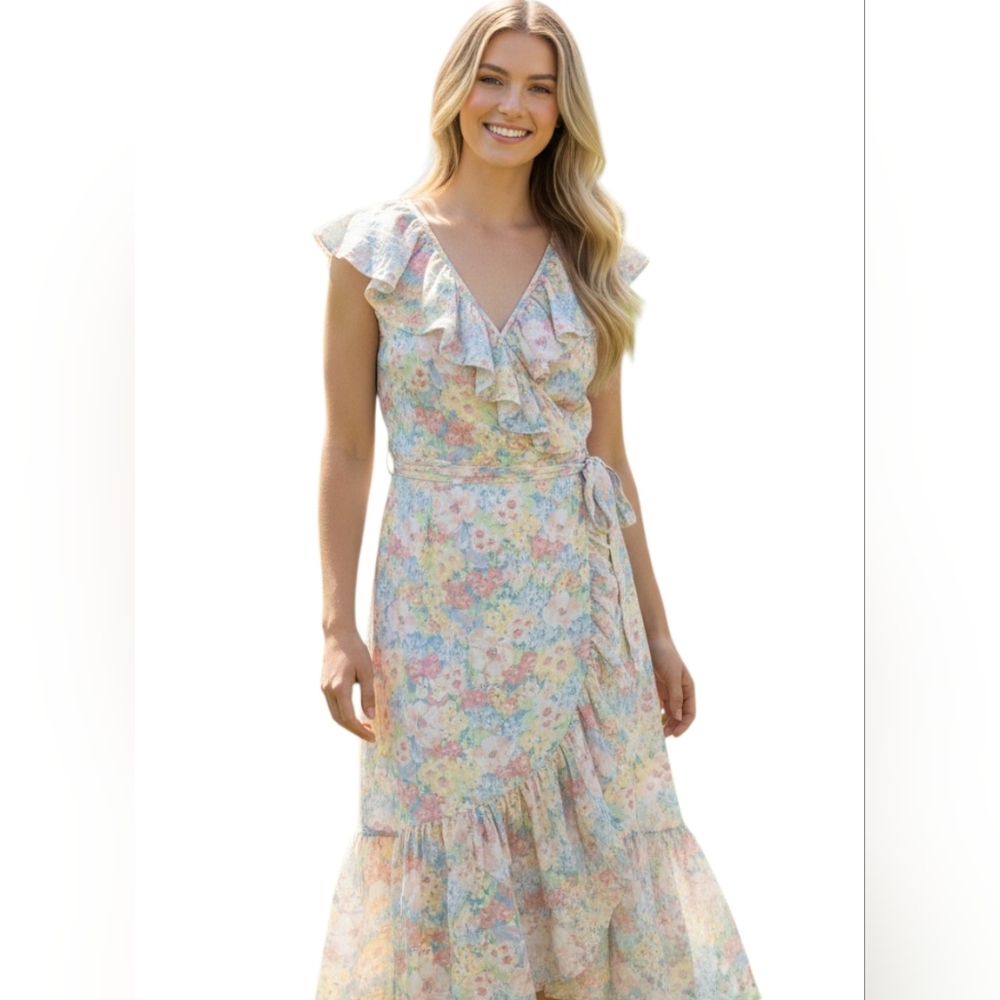 Joe Fresh X Jillian Harris Blushing Flower Floral Ruffle Wrap Maxi Dress Large